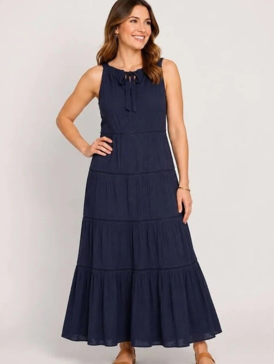 Talbots Dresses & Skirts - Talbots Navy Blue Tiered Maxi Dress Cotton Gauze Sleeveless Boho
